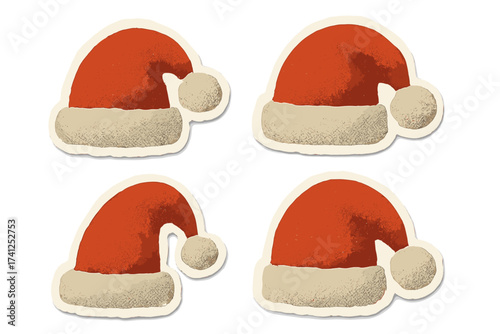 Set of 4 Santa hats torn paper stickers, Christmas festive accessories in naive halftone collage style, vintage clay toy look, cartoon vector illustrations with transparent background