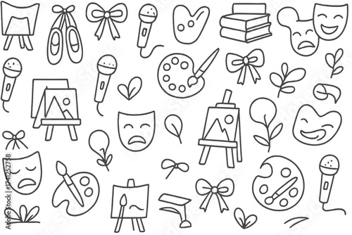 Seamless doodle pattern of childhood hobbies illustrations with ballet shoes, bows, microphones, books, theatre masks, paintings and art palettes in hand-drawn linear style