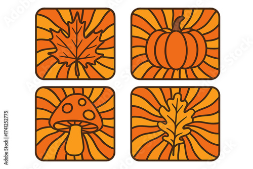 Set of vibrant autumn elements with wavy sun rays backgrounds, retro 60s 70s psychedelic warm colors. Hip vintage maple leaf, pumpkin, mushroom, oak leaf silhouettes. Groovy fall vector design.