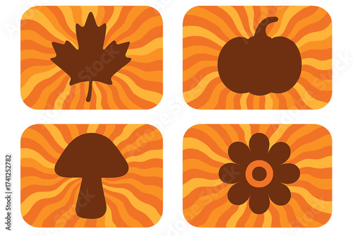 Retro autumn elements set with wavy sun rays backgrounds, warm bright 60s 70s psychedelic retro design, maple leaf, pumpkin, mushroom, flower silhouettes, groovy hippie vector
