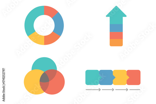 Set of multipurpose presentation infographic elements, vector illustration with transparent background, colorful donut chart, arrow process, overlapping Venn diagram, flow chart design