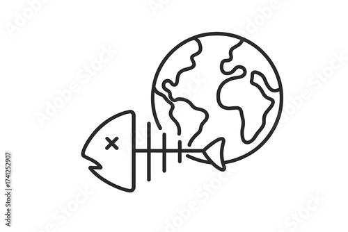 Minimal thin line vector illustration of dead fishbone with planet Earth symbolizing ocean health decline and environmental preservation danger concept