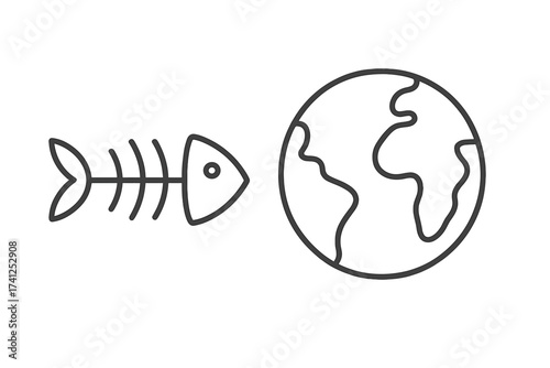 Minimal thin line icon of dead fishbone with planet Earth, environmental preservation, ocean health concept, marine pollution awareness, ecological protection symbol vector