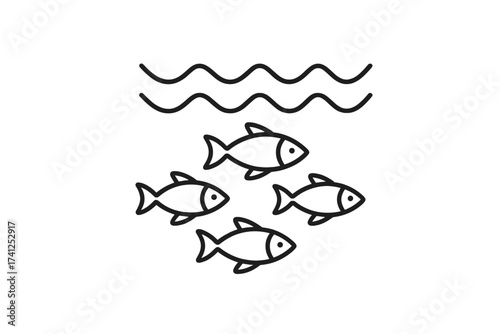 Minimalist thin line icon of a school of fish swimming underwater, symbolizing ocean health, marine life, aquatic environment, and ecological balance