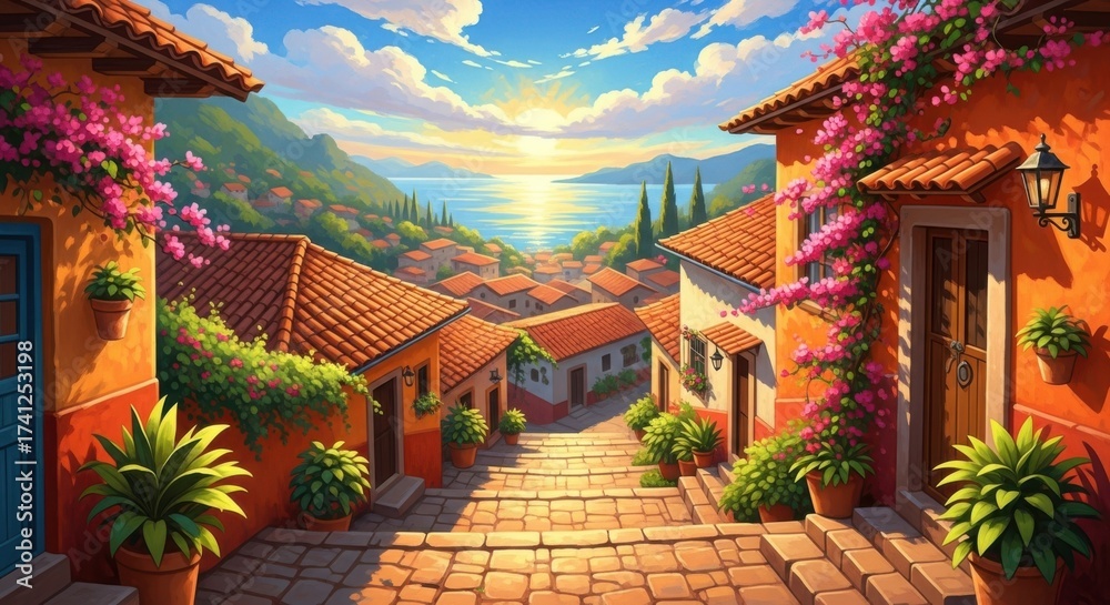 Obraz premium Vibrant sunlit street scene with colorful buildings and lush greenery
