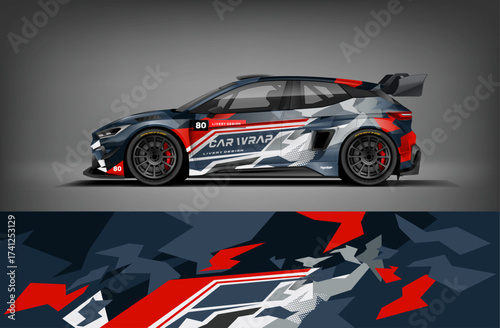 Editable vector EPS car wrap featuring dark blue, red, and grey abstract camo style. Sporty and aggressive racing livery design perfect for rally and drift cars.