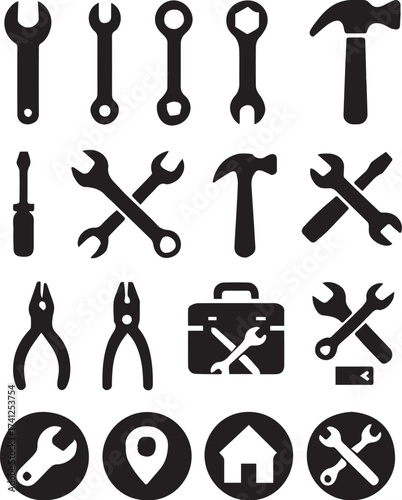 Construction and repair icon set in black silhouette with tools, toolbox, and service symbols for DIY and maintenance themes