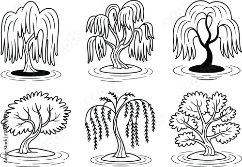 Stylized willow tree illustrations in water, artistic nature design, botanical concept, unique tree shapes, decorative foliage, tranquil landscape elements
