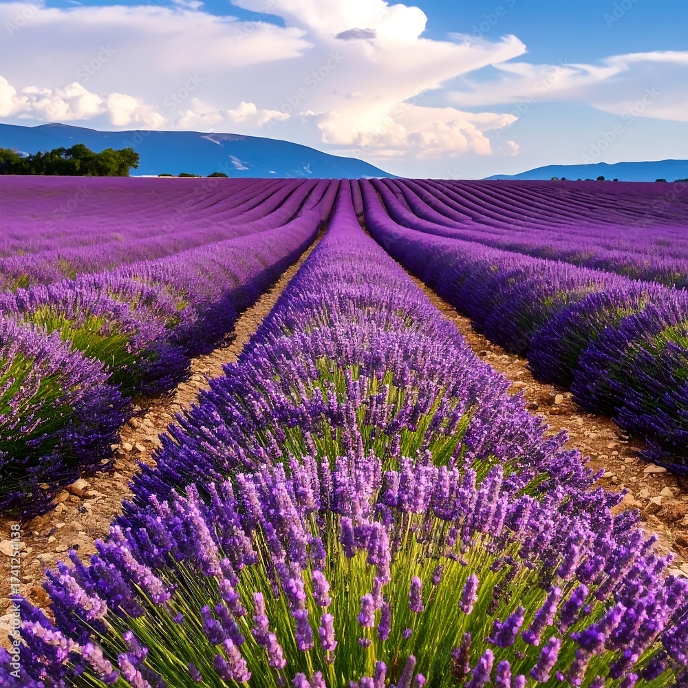 Naklejka premium Lavender field stretching to mountains under a vibrant sky