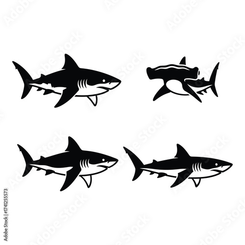Four diverse shark silhouettes iconic marine predators majestic ocean life diverse shark species silhouette