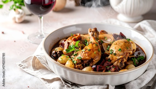 A bowl of coq au vin with chicken, mushrooms, and onions, garnished with parsley, served with a glass of red wine on a table. Coq au Vin with red wine and parsley garnish