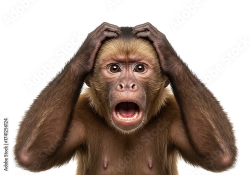 A brown capuchin monkey with a shocked expression holds its head, its mouth open in disbelief against a white background.