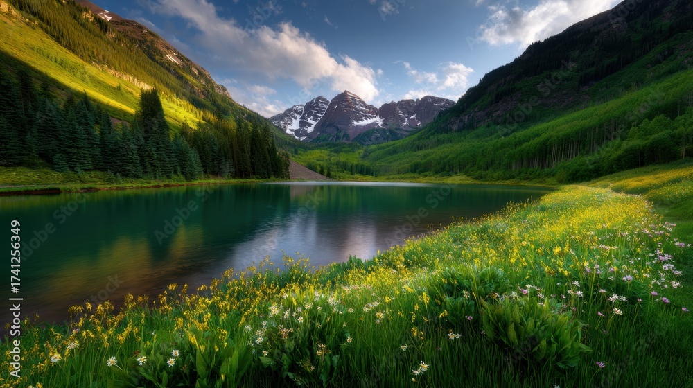 Fototapeta premium A tranquil alpine lake surrounded by lush green meadows, wildflowers, pine trees, and snow-capped mountains under a blue sky