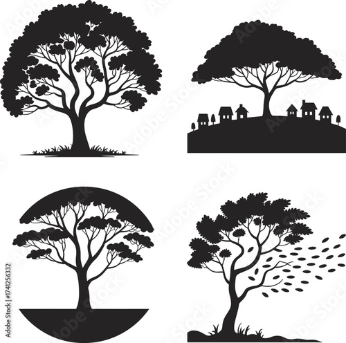 Tree silhouette illustration, nature graphic, black tree art, seasonal concept, wind effect, village scene, reflection design, landscape icon set