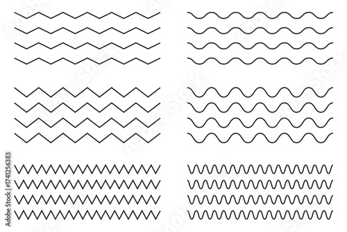 Editable zigzag line pattern with seamless wave texture. Flat vector illustration isolated on white background.