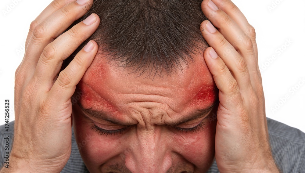 Fototapeta premium Close-up of a young man experiencing severe headache symptoms, holding his head in distress, with visible signs of discomfort and tension on his face.