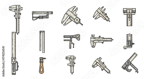 A diverse collection of hand drawn caliper measuring tools.
