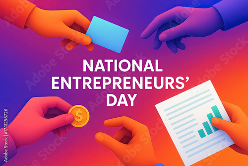 Colorful illustration of hands exchanging money, card, and documents for National Entrepreneurs' Day