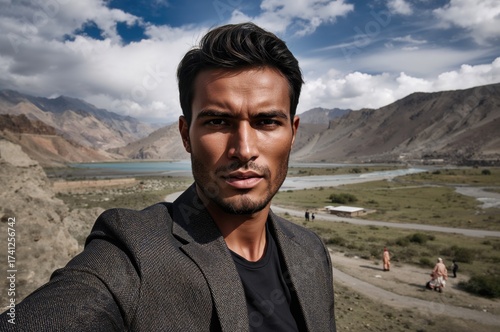 Man taking a selfie in Nubra Valley with mountains and river in the background, featuring a stylish jacket and an outdoor landscape under a cloudy sky.
