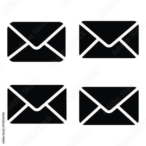 Four identical black envelope icons displayed in a 2x2 grid representing communication and mail services silhouette