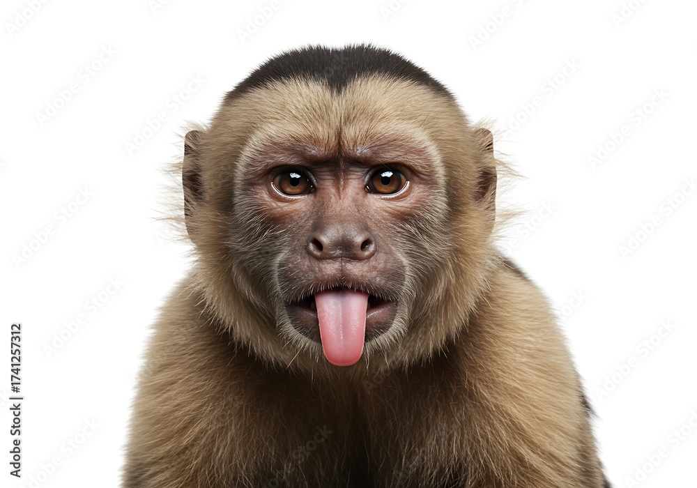 Obraz premium A funny brown capuchin monkey sticks its tongue out, making a silly face against a white background.
