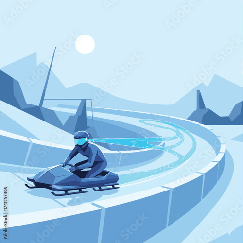 AI Bobsled and Luge Optimal Ice Line Steering Vector Illustration. Pilot Using Digital Trajectory Guide