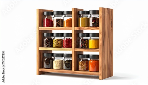 Wallpaper Mural A realistic wooden spice rack with glass jars filled with colorful spices isolated on white background
 Torontodigital.ca
