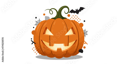 Stylized Halloween pumpkin illustration with intricate scrollwork patterns and two black bat silhouettes, perfect for autumn holiday designs