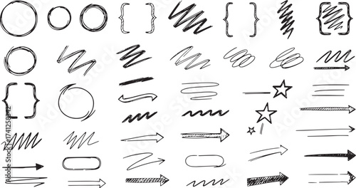 Hand-Drawn Doodle Vector Set of Circles, Brackets, Arrows, Underlines, Stars, and Scribbles for Design Elements and Vector Elements Graphics.