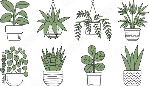 Minimalist line art illustration of indoor houseplants in pots, decorative greenery set, modern botanical drawing, stylish home garden design collection