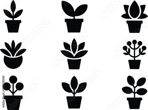 Modern black plant icons set, minimalist potted plant silhouettes, decorative houseplant symbols, indoor greenery vector, contemporary botanical graphic design collection