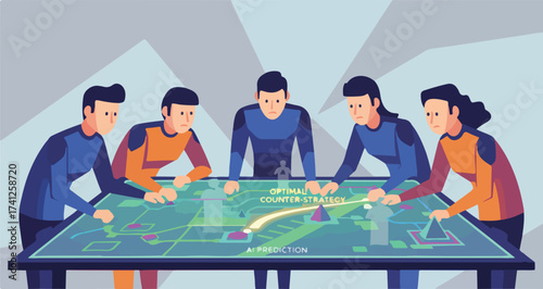 AI E-Sports Team Strategy and Opponent Prediction Vector Illustration. Wide Landscape Team Reviewing Game Plan