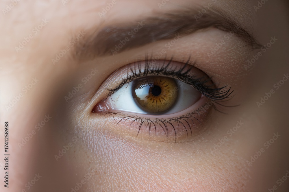 Obraz premium Close-up of a beautifully detailed brown eye with a unique iris pattern, featuring long eyelashes and natural skin tones, highlighting the ocular texture and depth.