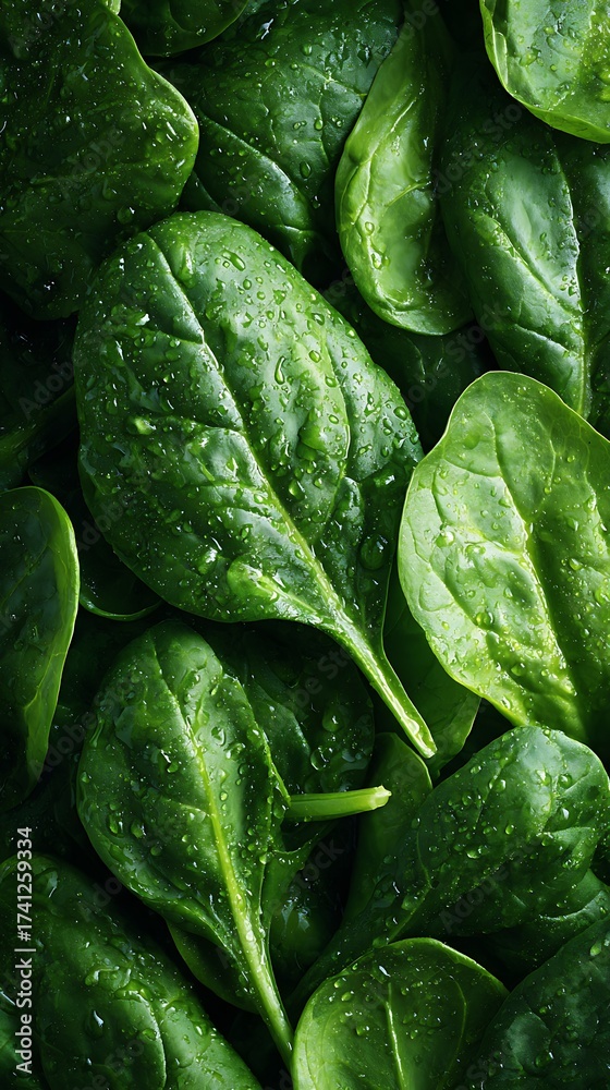 Fototapeta premium Fresh green spinach leaves covered with water droplets, closeup view, healthy food