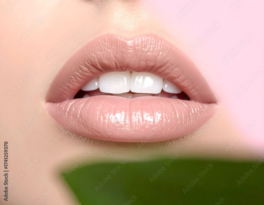 Obraz premium Close-up of a woman's lips with glossy nude lipstick on a pink background. Glossy lips on pink background