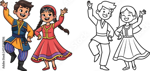 Children dancing in traditional costume, cultural folk dance illustration, happy kids, colorful outfit, heritage celebration, cartoon style, ethnic festival art
