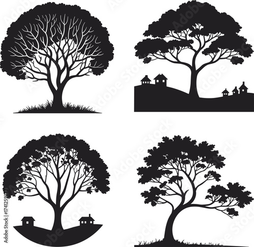 Tree silhouettes, nature landscape, rural scenery, black and white art, minimalist design, countryside view, peaceful environment, tranquil outdoors, graphic illustration, scenic composition