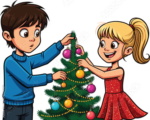 Children decorating Christmas tree, kids hanging ornaments, festive holiday season, cartoon illustration, happy children, Christmas celebration, joyful activity, family tradition, winter holiday