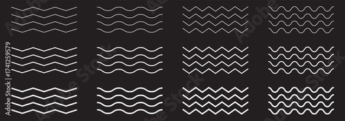 Vector collection of different thin line wave isolated on white background. Big set of wavy - curvy and zigzag - criss cross horizontal lines. Graphic design elements variation dotted line, solid line