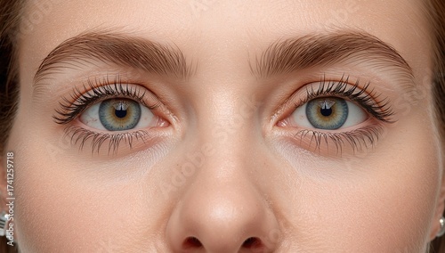 Close-up portrait of a young woman displaying before and after results of blepharoplasty surgery focusing on rejuvenated eye area with reduced puffiness and improved appearance.