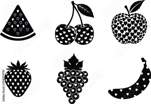 Black silhouette fruit collection featuring apple, banana, watermelon, and strawberry, representing healthy eating and vegan diet.