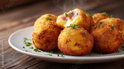 ultra realisticCrispy potato croquettes filled with ham and melted cheese on white plate, golden brown crust food photography, hot appetizer with steam rising, rustic wooden background 