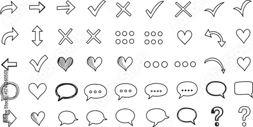 Hand-Drawn Doodle Vector Set of Arrows, Hearts, Checkmarks, X-Marks, Chat Bubbles, and Question Marks for Design Elements and Vector Elements Graphics.