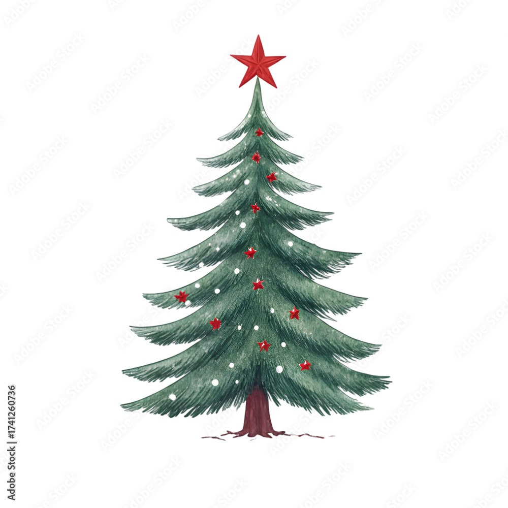 Fototapeta premium Festive Evergreen Christmas Tree with Red Star and Ornaments. Seasonal Holiday Celebration Decor Element. Perfect for Winter-themed Designs and Merry Occasions. on transparent background