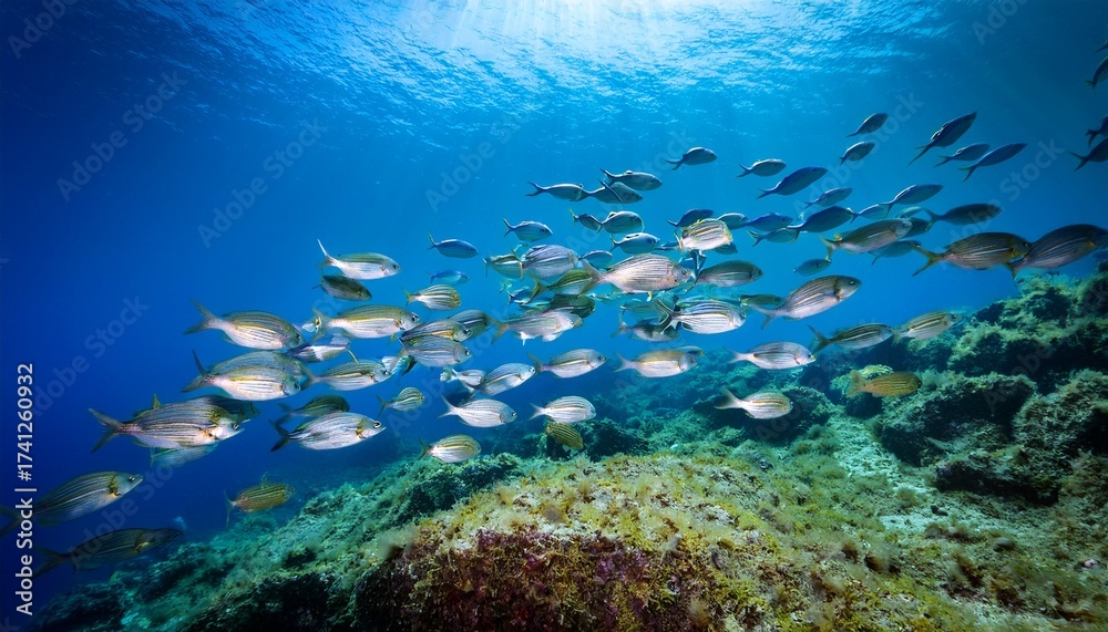 Naklejka premium school of fish sea breams underwater in the mediterranean port cros cote d azur france