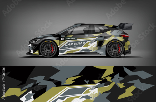 Editable vector EPS car wrap featuring gold, black, and grey camo style graphics. Aggressive modern livery ideal for rally, drift, and competition vehicles.