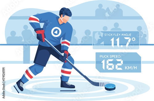 AI Ice Hockey Shot Velocity and Slap Shot Technique Vector Illustration. Player Training with Sensor Puck