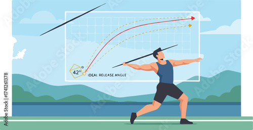 AI Javelin Throw Release Angle and Distance Prediction Vector Illustration. Athlete Analyzing Throw Metrics