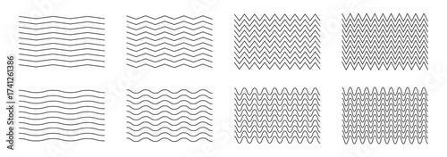 Waves line set. Wave ornament pattern. Set of wavy zigzag lines. Wave thin line background. Vector zigzag and wavy horizontal underline. Vector illustration