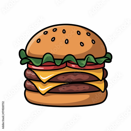 Delicious Double Cheeseburger Cartoon Illustration Perfect for Food Blogs and Restaurant Menus with Colorful Toppings and Juicy Patties